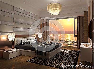 Hotel Room Interior 3D Illustration Photorealistic Rendering Stock Photo