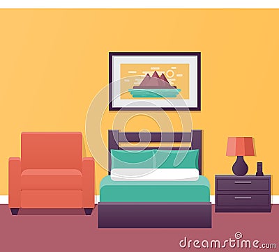 Hotel single room interior in design. Vector illustration. Vector Illustration