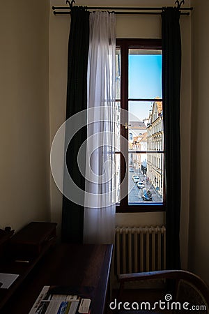 Hotel room in Prague with a view of the old city Stock Photo
