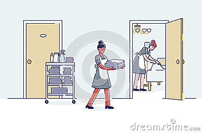 Hotel room service team cleaning room. Female maids bringing new towels and making bed Vector Illustration