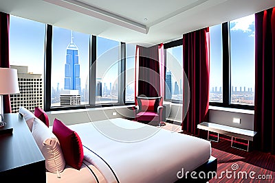 Hotel room in a skyscraper with large glass windows overlooking the city center. A romantic place full of love. Generative Cartoon Illustration