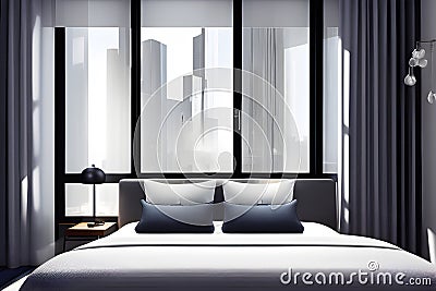 Hotel room in a skyscraper with large glass windows overlooking the city center. A romantic place full of love. Generative Cartoon Illustration