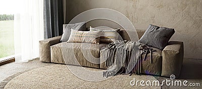 Hotel room with sofa. Horizontal banner panoramic background. High quality illustration 3d rendering scandinavian Cartoon Illustration