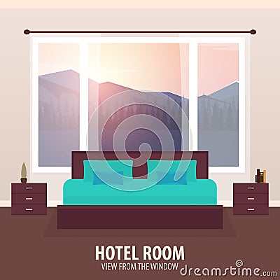 Hotel Room. View from the window. Travelling nad trip. Vector flat illustration. Cartoon Illustration