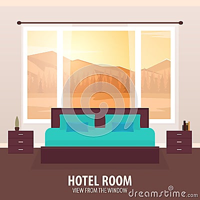 Hotel Room. View from the window. Travelling nad trip. Vector flat illustration. Cartoon Illustration