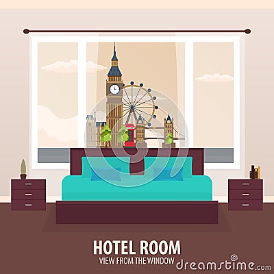 Hotel Room. View from the window. Travelling nad trip. Vector flat illustration. Cartoon Illustration