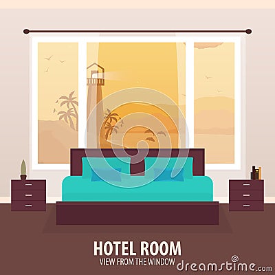 Hotel Room. View from the window. Travelling nad trip. Vector flat illustration. Cartoon Illustration