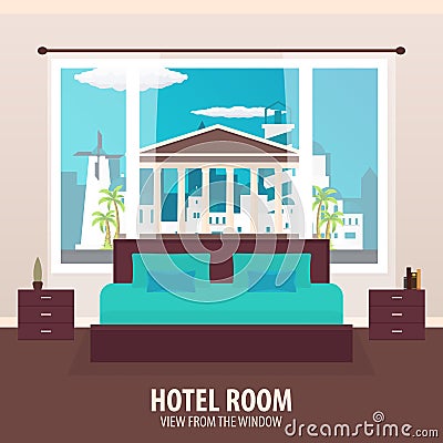 Hotel Room. View from the window. Travelling nad trip. Vector flat illustration. Cartoon Illustration