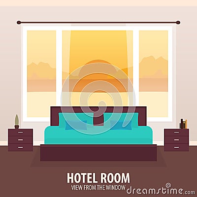 Hotel Room. View from the window. Travelling nad trip. Vector flat illustration. Cartoon Illustration