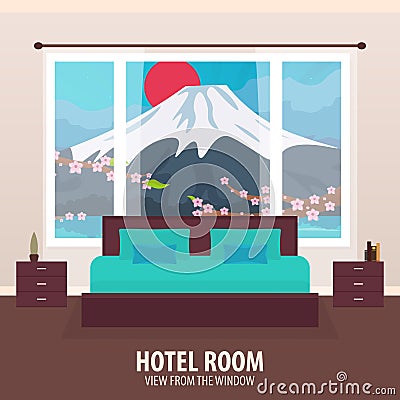 Hotel Room. View from the window. Travelling nad trip. Vector flat illustration. Cartoon Illustration