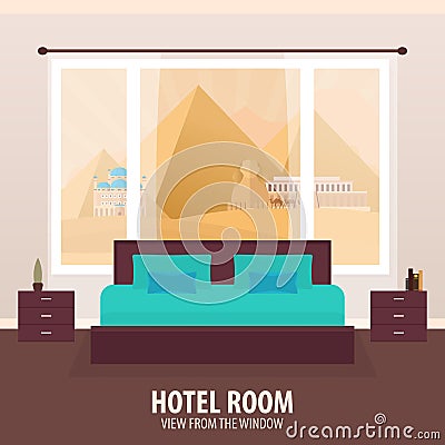 Hotel Room. View from the window. Travelling nad trip. Vector flat illustration. Cartoon Illustration