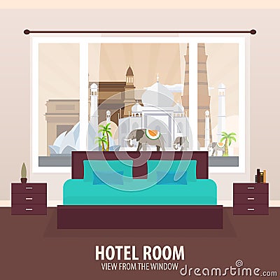 Hotel Room. View from the window. Travelling nad trip. Vector flat illustration. Cartoon Illustration