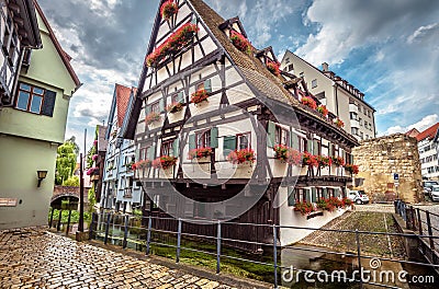 Hotel Schiefes Haus or Crooked House in Ulm city, Germany. It is landmark of Ulm located in old Fisherman`s Quarter Stock Photo