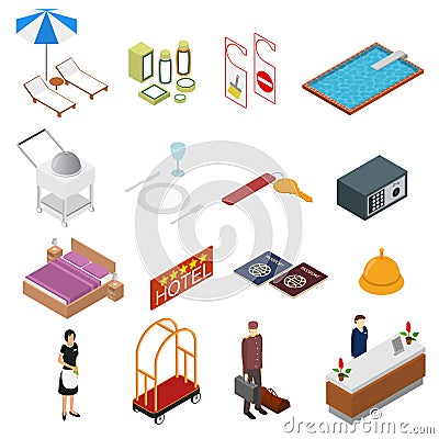 Hotel Service Color Icons Set Isometric View. Vector Vector Illustration