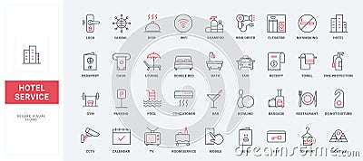 Hotel service, hospitality line icons set, comfort room and bed of resort and hostel Vector Illustration