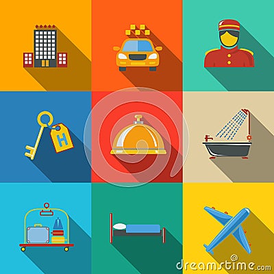 Hotel and service modern flat icons set on color Vector Illustration