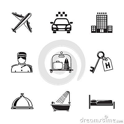 Hotel and service monochrome black icons set with Vector Illustration