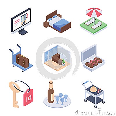 Hotel Service And room Service Isometric Icons Pack Stock Photo