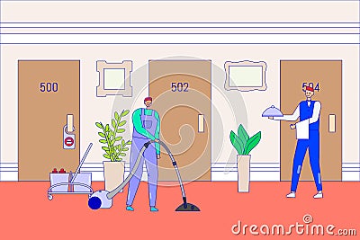 Hotel serviceman and waiter in hall, vector illustration. Man staff clean customer guest room and bring order food from Vector Illustration