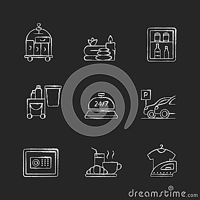 Hotel services chalk white icons set on black background Vector Illustration