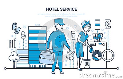 Hotel services, cityscape and the environment, staff, meeting, service. Vector Illustration