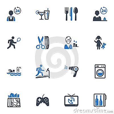 Hotel Services and Facilities Icons, Set 2 - Blue Vector Illustration