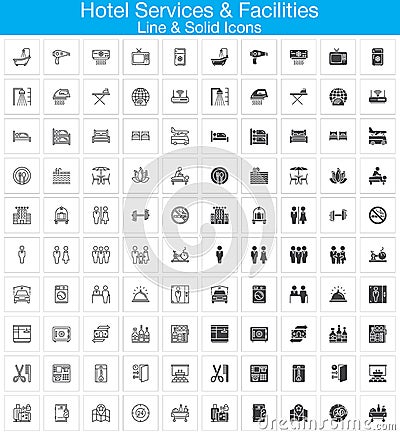 Hotel services and facilities line and solid icons set, outline Vector Illustration