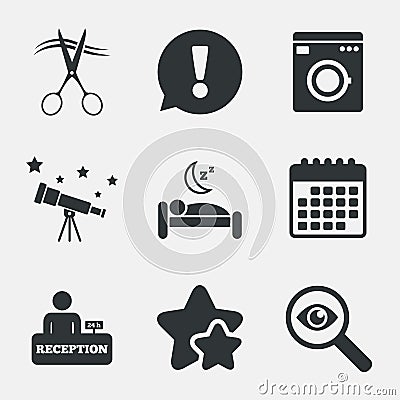 Hotel services icon. Washing machine, hairdresser. Vector Illustration