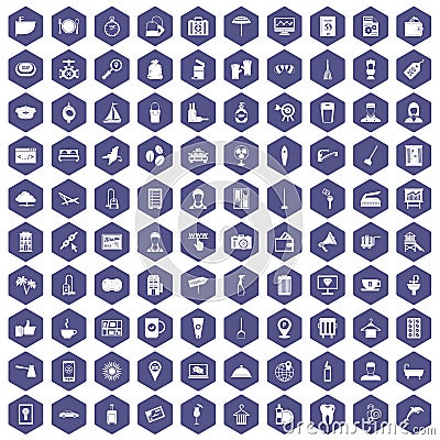 100 hotel services icons hexagon purple Vector Illustration