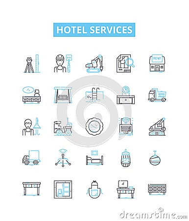 Hotel services vector line icons set. Accommodation, Amenities, Restaurants, Catering, Spa, Pool, Swimming illustration Cartoon Illustration