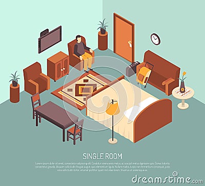 Hotel Single Room Isometric Illustration Poster Vector Illustration