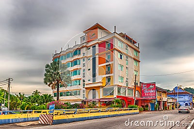 Hotel Sri Garden and the buildings at Jalan Kangar road in Kanga Editorial Stock Photo