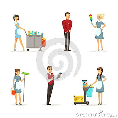 Hotel Staff with Administrator, Maid and Porter Vector Set Vector Illustration