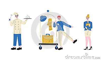 Hotel Staff Character in Uniform with Porter Carrying Baggage and Chef Holding Tray Vector Set Vector Illustration