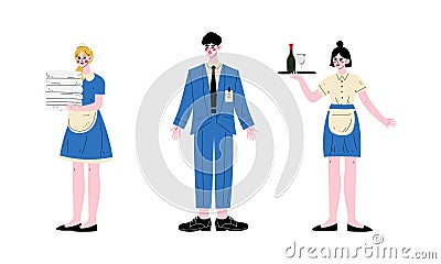 Hotel Staff Character in Uniform with Waitress and Chambermaid Vector Set Vector Illustration