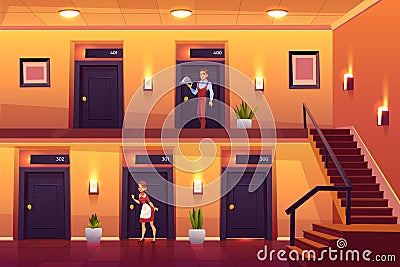 Hotel staff housemaid and waiter service clients Vector Illustration