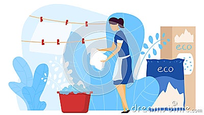 Hotel staff laundry and cleaning, eco friendly washing agent, isolated on white, flat vector illustration. Female wash Vector Illustration