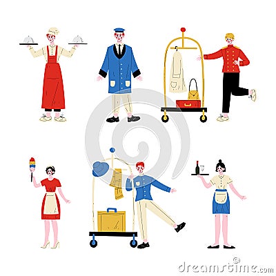 Hotel staff, service workers set. Porter, waitress, maid, chef cook and receptionist in uniform cartoon vector Vector Illustration