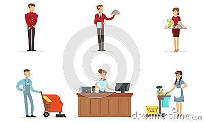 Hotel Staff Vector Set. Man Working as Waiter and Administrator Vector Illustration