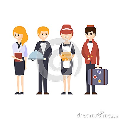 Hotel Staff, Waiter, Bellhop, Administrator And Maid Hotel Themed Primitive Cartoon Illustration Vector Illustration