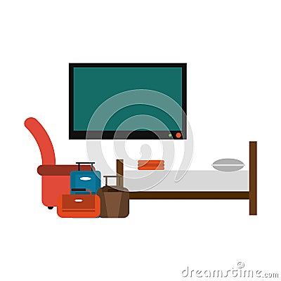 Hotel suite with bed and luggage Vector Illustration