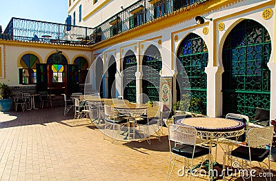 Hotel Tanger Medina, Morocco, Exterior Courtyard Tables, Arabic Architecture Stock Photo