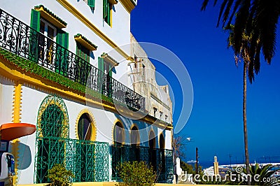 Hotel Tanger Medina, Morocco, Green Balconies, Arabic Architecture Stock Photo