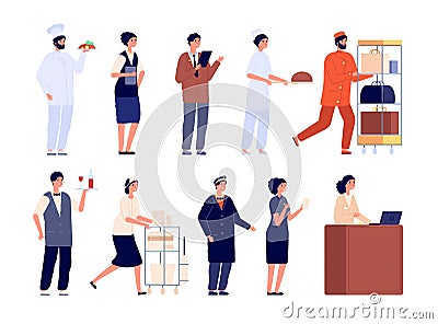 Hotel team. Worker staff, hospitality job employee. Isolated flat manager cleaner receptionist doorman. Restaurant Vector Illustration