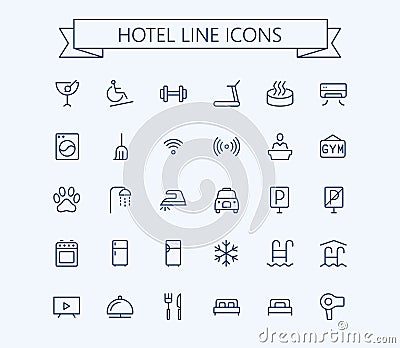 Hotel vector icons set. Thin line outline 24x24 Grid.Pixel Perfect Vector Illustration