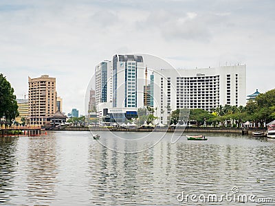 Hotels on the banks of hte Sarawak River, Kuching, Malaysia Stock Photo