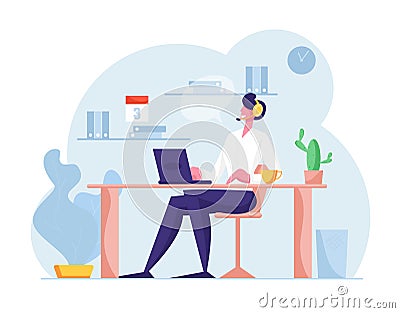 Hotline Call Center. Customer Service Staff in Headset Work on Computer. Operator and Client Communication Vector Illustration