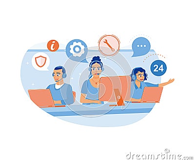 Hotline operators communicate with clients. Providing service to clients 24 hours a day. Hotline operator concept. Vector Illustration