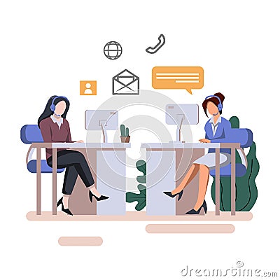 Hotline operators consult customers with headsets on computers flat style illustration Vector Illustration