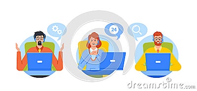 Hotline Operators Help Clients Online. Customer Service Operators Consult People With Headsets On Computers Online Vector Illustration